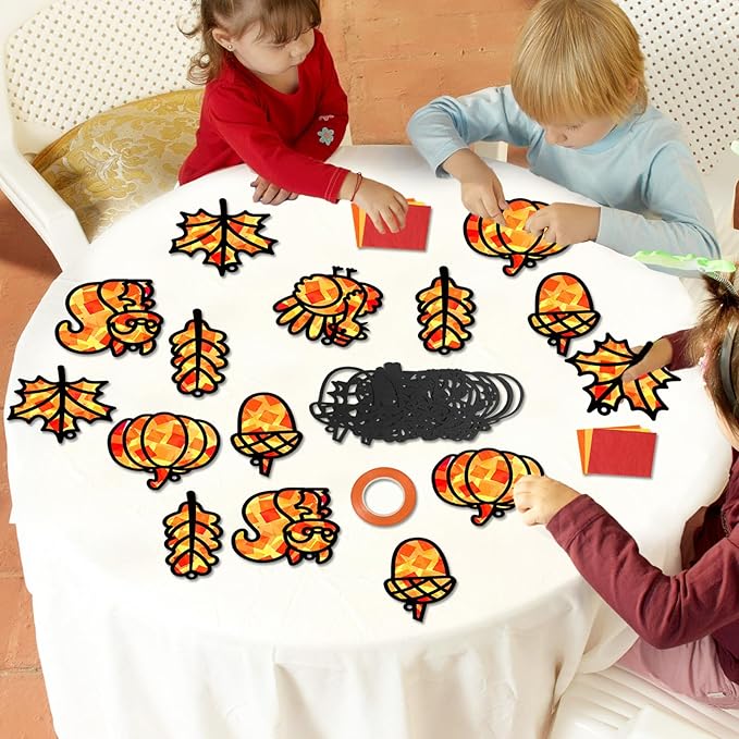 Qyeahkj 36 Set Fall Suncatchers Crafts for Kids DIY Autumn Leaf Pumpkin Acorn Squirrel Window Tissue Paper Craft Kit Hanging Decor for Classroom Home Activity Art Project Birthday Party Favor Gift