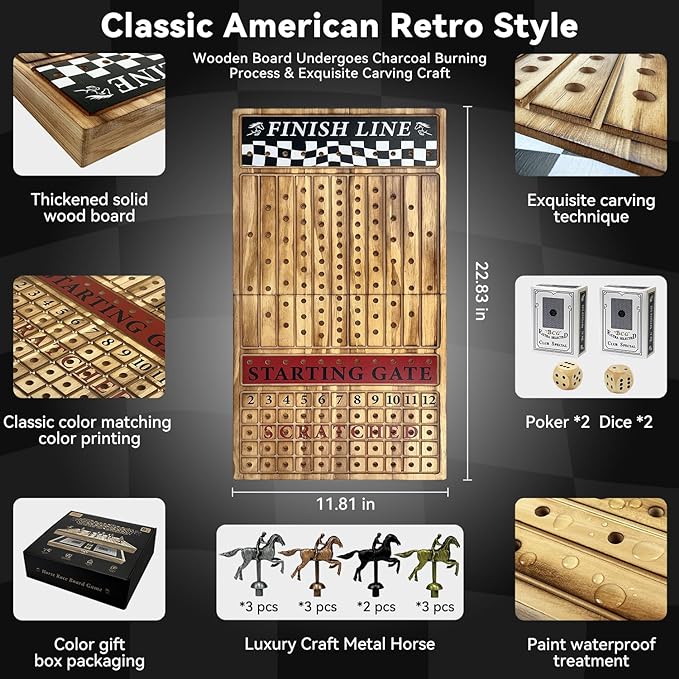 Large 23 inches Horse Racing Board Game with 11 Luxury Metal Horses, Foldable Wood Horse Race Board Game with 2 Sets of Dice, 2 Boxes of Cards for Parties and Gambling