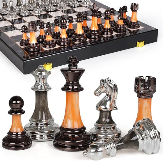 15" Large Chess Set for Adults and Kids With Weighted Acrylic Pieces, 3.5" King & Portable Folding Marbling Wooden Board - Travel Set, Family Board Game Gift, Elegant Classic Game