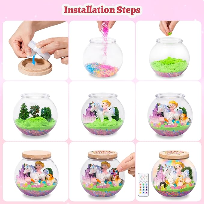 Unicorn Toys for Girls - Unicorn Terrarium Kit Toys - Rechargeable LED Night Light with Remote - DIY Crafts Kit Birthday Gifts for Kids - Christmas Birthday Gifts for Girls Ages 4 5 6 7 8-12 Year Old