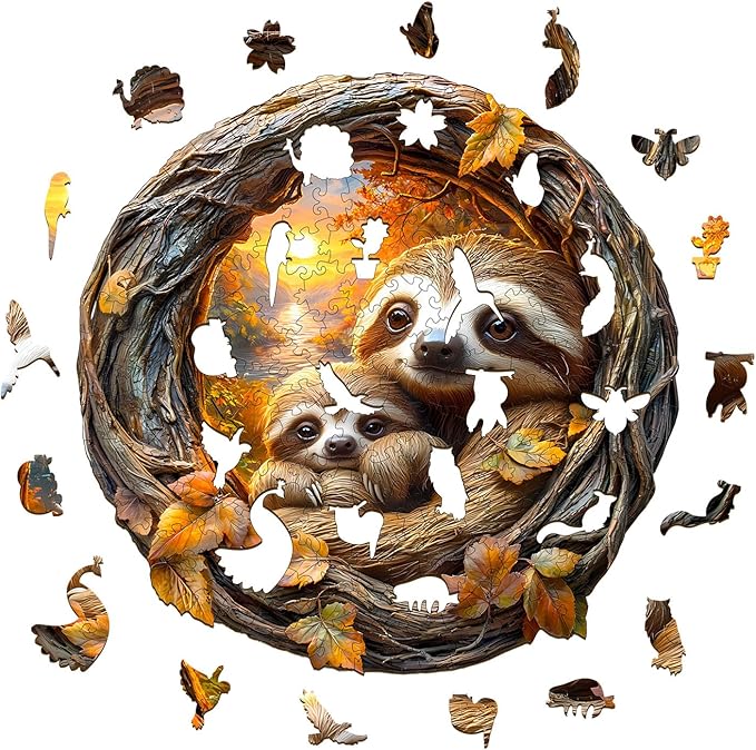 Wooden Puzzles for Adults - 100 Pieces 3D Parent-Child Sloth Wooden Puzzle - Unique Animal Shape Wood Cut Puzzles - Eco-Friendly Home Office Decor (S-8.5 * 8.5in)