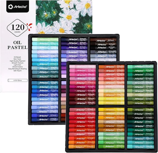 Artecho Oil Pastels Set of 120 Colors, Including 6 Neon Colors, Soft Oil Pastels for Art Painting, Drawing, Blending, Art Supplies for Artists, Beginners, Students, Teachers (10 x 70 mm)