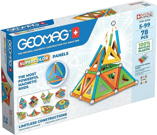 Geomag Supercolor Magnetic Toys for Kids Ages 5+, 78pc Educational STEM Magnets for Kids - Swiss-Made Magnetic Blocks, Tiles and Building Toys from 100% Recycled Plastic