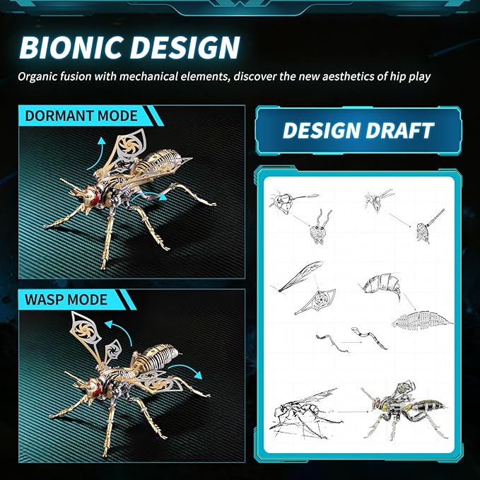 3D Puzzles for Adults, Metal Model Kit Wasp Mechanical Puzzle for Adults/Teens, DIY Creative Craft Gifts Kits Difficult Assembled 3D Puzzle for Family Time, Home Decor (Black)