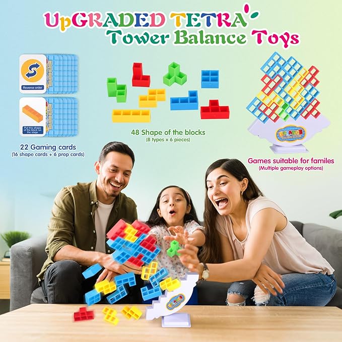 48 Pcs Tetra Tower Game,Family Board for 2 Players Family Games, Building Blocks Stacking Balance Games Toys for Kids, Adults, Friends, Classroom, Family and Travel Party