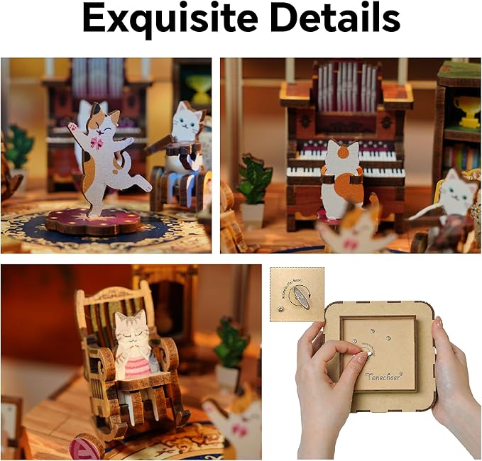 Tonecheer Wooden Music Box Puzzle for Adults,DIY Rotating Music Box Kit 3D Creative Musical Puzzle Crafts Model Building Kits Desk Decor for Teens Kids Birthday Gift (Cats Family)