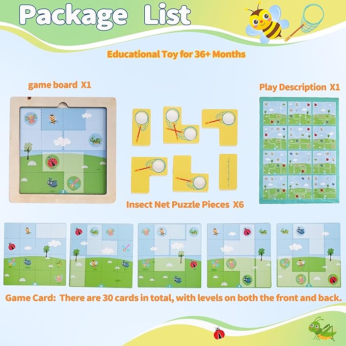 Insect Catching Puzzle Game for Kids Ages 3-8, 30 Double-Sided Challenge Cards Montessori Learning Toys, Strategic Board Game with Bug Catching Net Tiles, for Boys Girls
