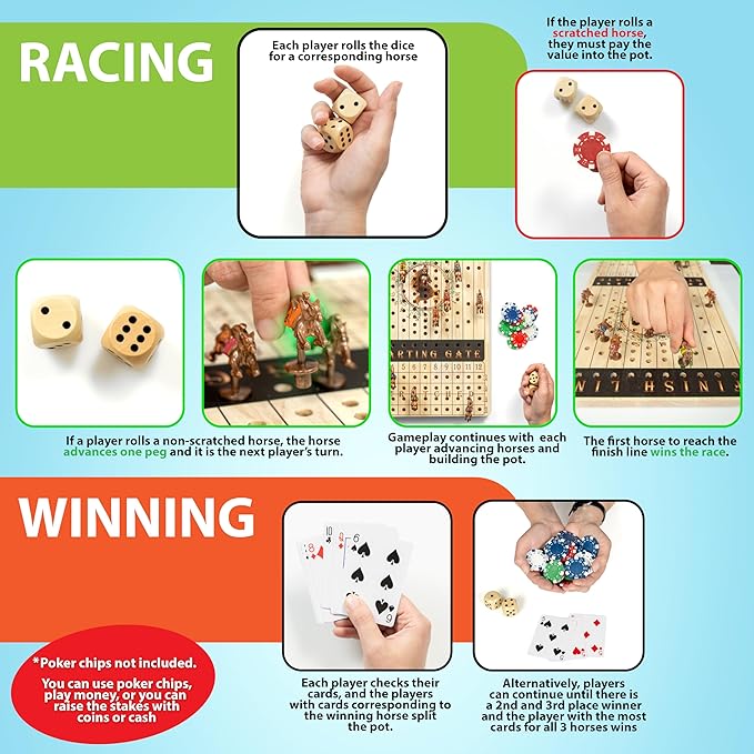 New Metal Horses Horse Race Board Game with 11 Metal Horses, 2 dice and 2 Boxes of Cards, Thick Luxurious Chessboard Wood, Horse Racing, Adult Game for Parties, Family Night