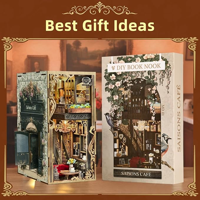 Book Nook Kit, DIY Doll House Booknook, Miniature Kit for Bookshelf Doll Houses for Adults Teen Halloween, 3D Wooden Puzzle Bookends with Led Light and Dust Cover (Saisons Café)