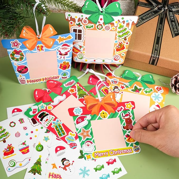 24 PCS Christmas Picture Frame Ornaments Paper DIY Photo Frame Craft Set Hanging Decorations For Christmas Tree Decor (Gift Box)