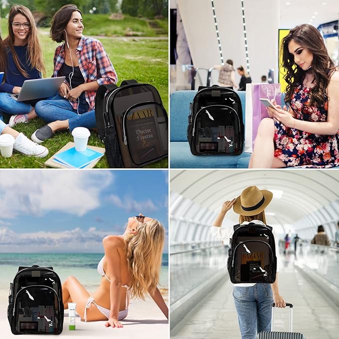 Clear Backpack Heavy Duty Transparent Backpack for Security Travel Work (Black)