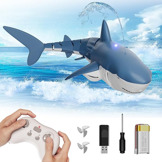 Waterproof Remote Control Electric Shark Water Toy with Spray, RC Swimming Pool Toy Auto Water-Sensing Activation for Pools, Lakes & Water Parks - Cool Santa Gift for Kids