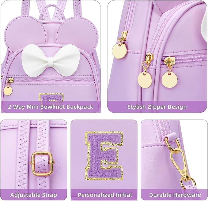 KKXIU Girls Initial Bowknot Cute Mini Backpack for Toddler, Travel Small Girl Backpacks, Personalized Trendy Stuff Gift for Little Girls and Kids(E, Purple)