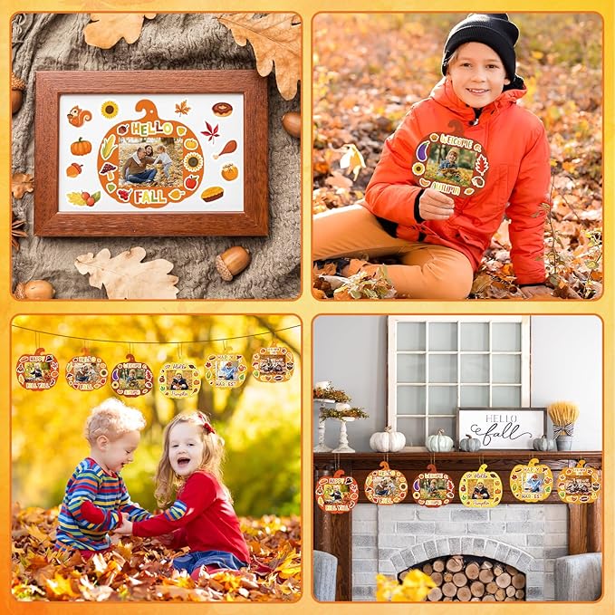 24 PCS Fall Picture Frame Crafts Paper Thanksgiving DIY Photo Frame Crafts Pumpkin Maple Leaf Pine Cone Photo Holder Decor for Thanksgiving Game Activity (Pumpkin)