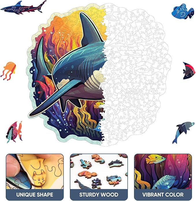 Wooden Puzzles for Adults, Shark Ocean Jigsaw Puzzles 200 Pieces Unique Shape Adult Puzzles, Irregular Wood Puzzles Creative Gift for Adults Family Game(11.1x11.2in)