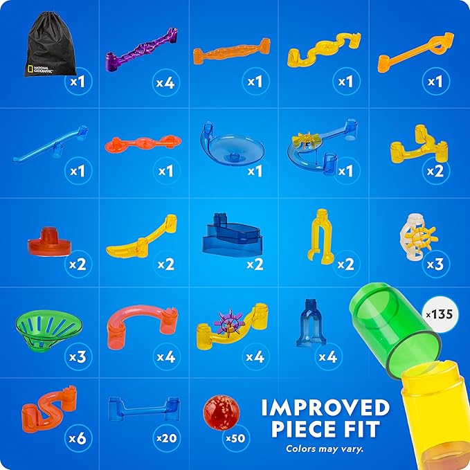 NATIONAL GEOGRAPHIC Glowing Marble Run – 250 Piece Construction Set with 50 Glow in The Dark Glass Marbles & Storage Bag, STEM Gifts for Boys and Girls, Building Project Toy (Amazon Exclusive)