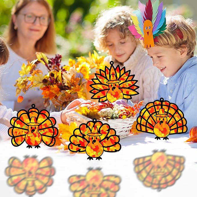 32 Sets Thanksgiving Turkey Suncatchers Craft Kit DIY Window Stained Glass Effect Thanksgiving Turkey Paper Crafts Home School Classroom Decoration Kid Birthday Gift Creative Art Project Activity Game
