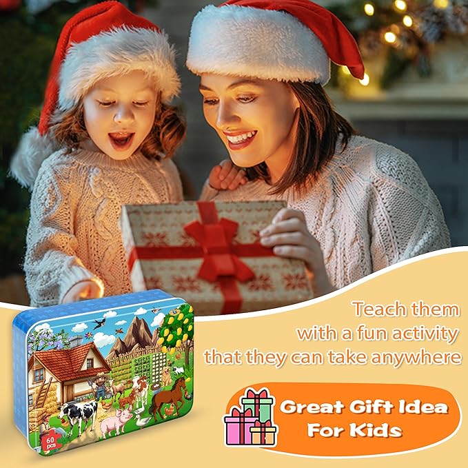 LELEMON Puzzles for Kids Ages 4-6, Farm 60 Piece Puzzles for Kids in a Metal Box, Educational Jigsaw Puzzles Childrens Puzzle Games Puzzle Toys for Girls and Boys