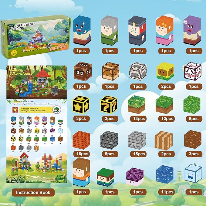 Magnetic Blocks - 110PCS Magnets Building Blocks World Set for Kids Ages 3-5 5-7 8-12, Magnetic Tiles Game Preschool Toys for 3 4 5 6 Year Old Girls Boys Gifts (STEM World)