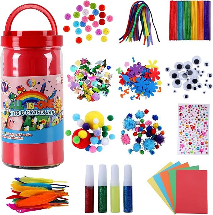 Qukou Arts and Crafts Supplies Kit for Kids- 550+ DIY Art Kit with Glitter Glue, Gem Stickers, Pompoms & Tools in Storage Jar Portable Travel Crafts for Ages 4+ Birthday, Christmas (Art Deco)