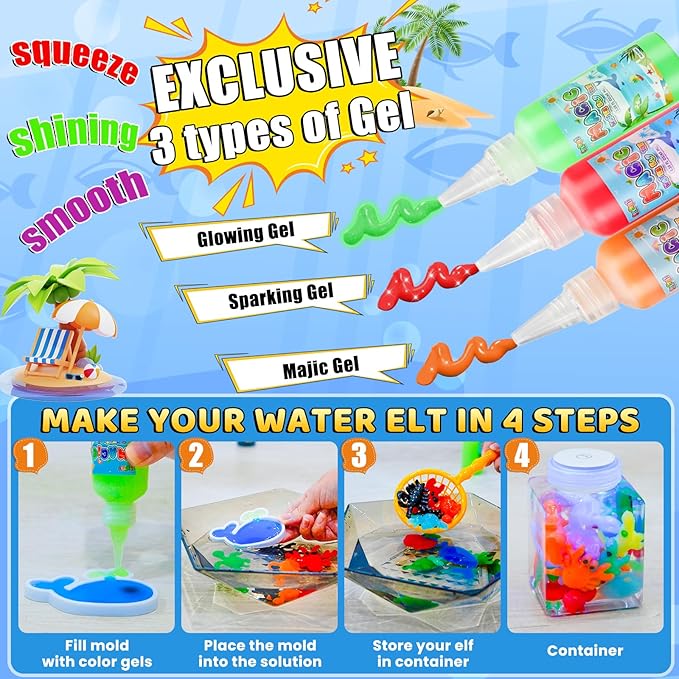 Magic Water Elf Toy Kit - Squishy Maker with 24 Molds & Glow Gels, DIY Mixies Craft Kit for Kids Ages 3+, Make Your Own Glowing Water Pets, STEM Sensory Toy Gift for Boys & Girls