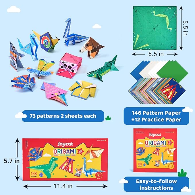 JoyCat Origami Paper Kit for Kids,180 Sheet 5.5x5.5 Colorful Paper,73 Dinosaur & Paperplane Style with Instruction Book,Art&Crafts Supply Set for Ages 5-12 boy,Ideal DIY&Educational Toy,Gift for Kids