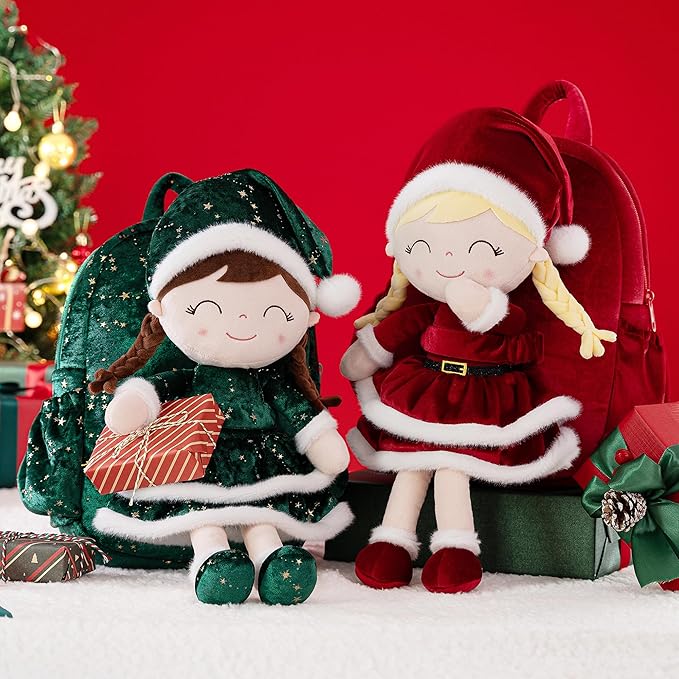 Gloveleya Plush Backpack Toddler Backpack Removable Doll and Backpack Baby Girl Gifts for 2 to 8 Years Girl Birthday Gifts with Green Doll 11”