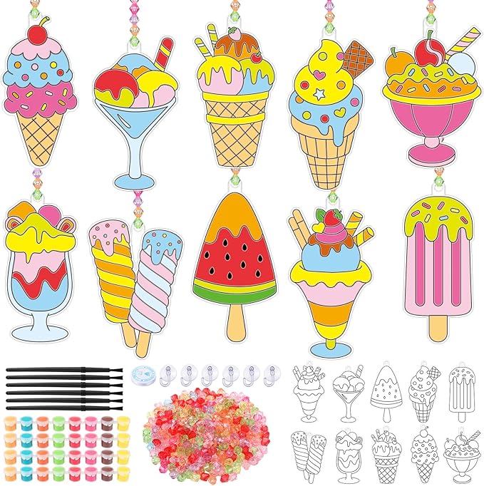 Yaomiao 30 Sets Summer Suncatchers Window Art Drawing Kits DIY Ice Cream Sun Catcher Crafts Bulk Paint Your Own Window Hanging Ornaments for Home Classroom Birthday Party Favors Decor Gifts
