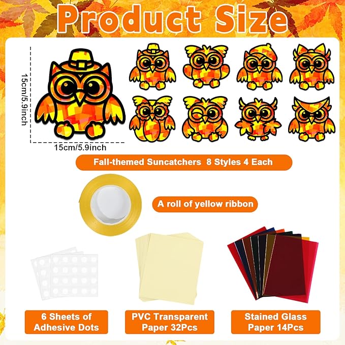 QOUBAI 32 Sets Fall Owl Suncatchers Craft Kit DIY Window Stained Glass Effect Autumn Owl Paper Crafts Home School Classroom Decoration Kid Birthday Gift Creative Art Project Activity Game