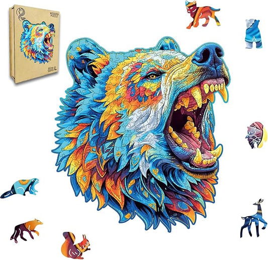Wooden Puzzles for Adults,Bear Design Jigsaw Puzzles 300 Piece,Thanksgiving Birthday Gifts Family Game,Unique Shape Puzzle Challenge 14.9 x 14.9 Inch