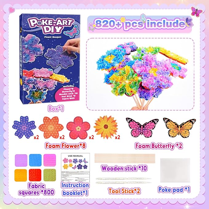 MDINGTD Toys for 4 5 6 7 8+ Year Old Girls, Poke Art Flower Bouquet with 8 Flowers & 2 Butterflies Arts and Crafts for Girls Ages 4-12 DIY Creative Activity Birthday Xmas Gifts Craft Kits