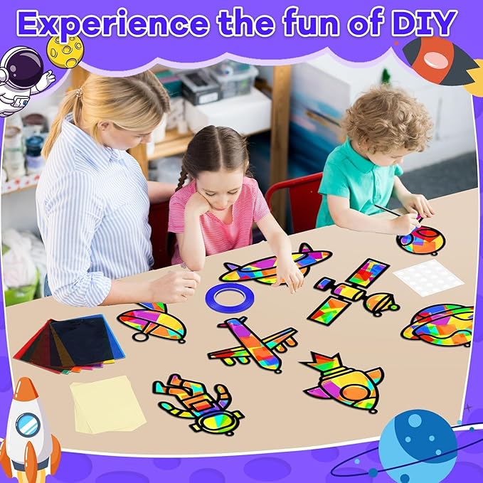 32 Sets Outer Space Suncatchers Craft Kit DIY Window Stained Glass Effect Planet Astronaut Alien Paper Crafts Home School Classroom Decoration Kid Birthday Gift Creative Art Project Activity Game