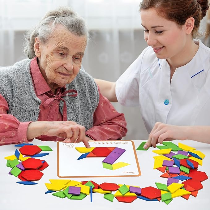 Activities for Dementia Patients, 80 Pieces Wooden Tangrams Puzzle Game for Seniors, Colorful Shape Pattern Alzheimers Products for Elderly, Tile Matching Board Memory Cognitive Gifts