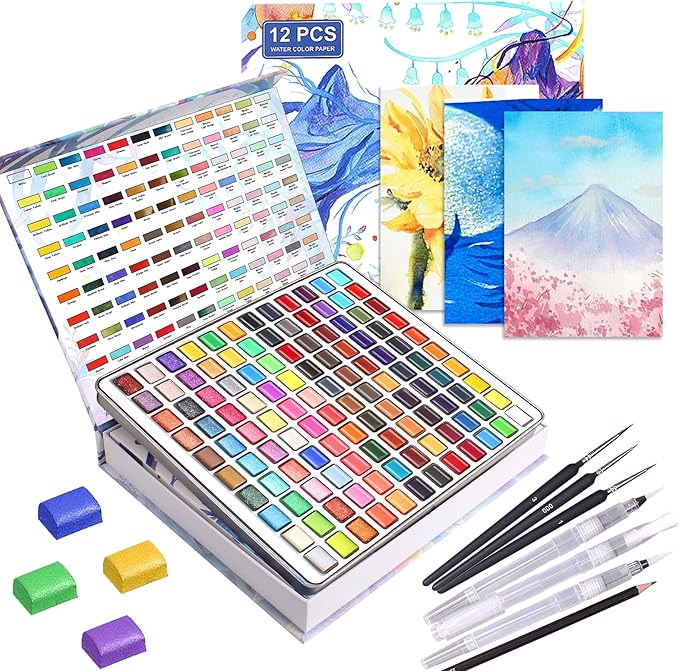 Gunsamg Watercolor Paint Set 120 Colors with Palette in Portable Box – Includes 12 Fluorescent, 15 Macron, 33 Metallic Colors – Watercolor Set for Kids, Adults, Beginners & Professional Artists, Travel Art Supplies Kit