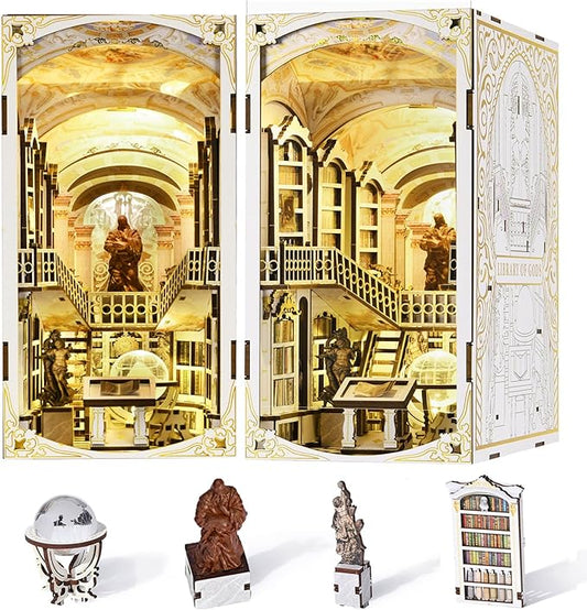 DIY Book Nook Kit for Adults, 3D Wooden Puzzle Bookend Bookshelf Insert Decor with LED Light and Dust Cover (Library of Gods)