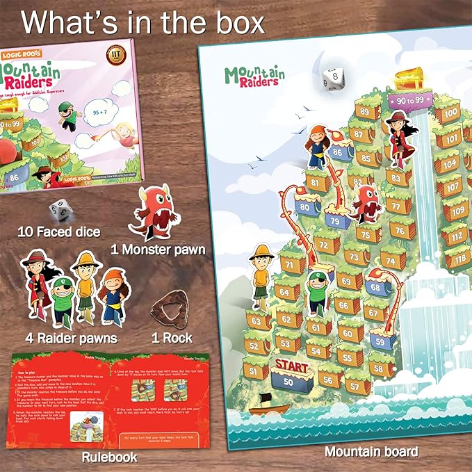 Mountain Raiders Addition Game - Fun Math Board Game for 7-9 Year Olds, Easy Start STEM Toy with Addition of 2 & 3 Digit Numbers, Perfect Learning Gift for Girls & Boys, Grade 2 and Up