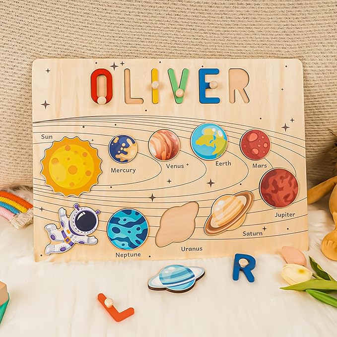 Personalized Name Puzzle for Kids, Custom Baby Gifts for Toddler 1-3, Customized 1st Birthday for Girls & Boys Wooden Planet Puzzle Montessor Toys for Kids