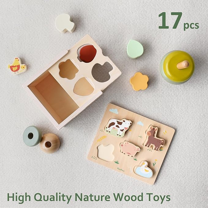 PairPear 3-in-1 Montessori Wooden Toy Set, Shape Sorter Cube, Stacking Tree & Farm Animal Puzzle, Natural Learning Toys for Toddlers 12M+