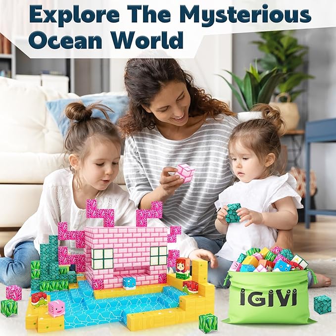 Magnetic Blocks - Build Mine Magnet World Ocean Set, Magnets Building Toys for Kids Ages 3-5 4-8, STEM Montessori Sensory Toys for Toddler 3+ Year Old Girls Boys, Classroom Must Haves Supplies