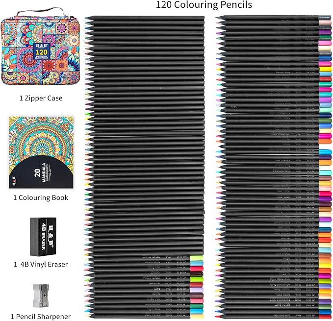 H & B 120-Color Black Wood Colored Pencils Set with Coloring Book, Eraser, Sharpener - Drawing and Coloring - Artist-Grade Soft Oil-Based Cores - Works on Black Paper