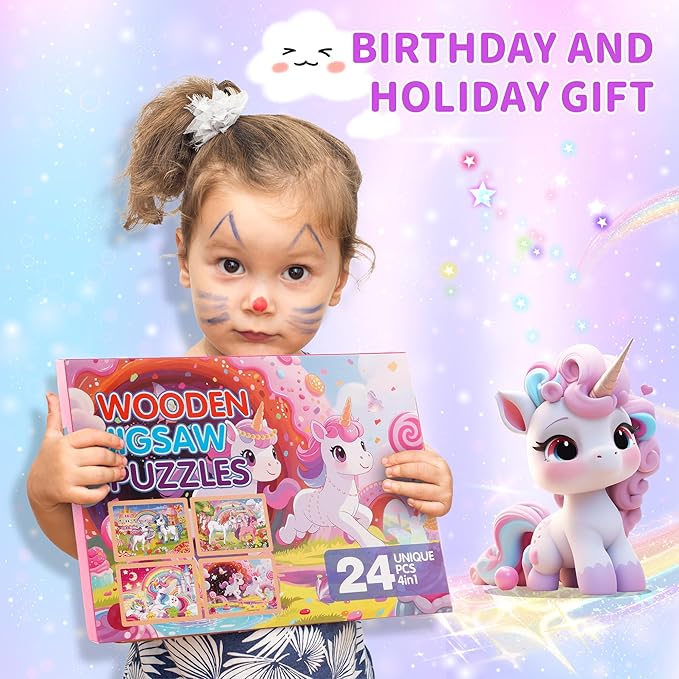 24PCS Wooden Puzzles for Kids Ages 4-6, 4 in 1 Box, Preschool Educational Toys Birthday Gifts Puzzles for 3 4 5 6 7 8 Year Old Boy Girls, Unicorn