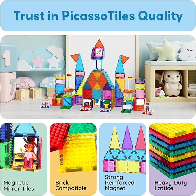 PicassoTiles 353pc Magnetic Brick and Magnet Tile Combo Set with Action Figures STEM Building Block Educational Construction Kit Preschool Classroom Toy Learning Activities for Kids Age 3 Plus PTL353