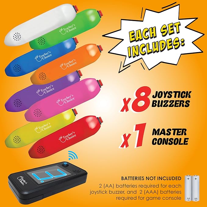 Teacher's Choice 8 Player Wireless Handheld Game Buzzer System - Displays First Buzz-in - Great for Jeopardy, Family Feud, Trivia and Buzzer Games - Console with 8 Joystick Buzzers, 8 Unique Sounds
