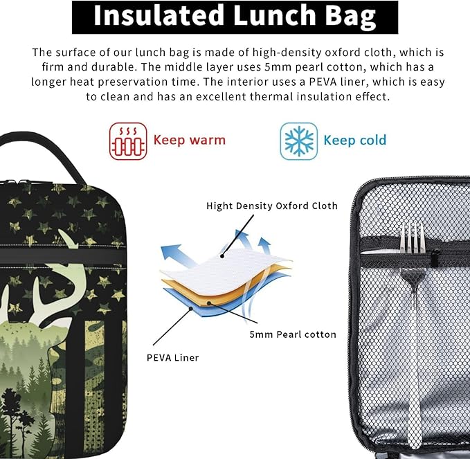 Camouflage Hunting Tactical Deer Camo Reusable Lunch Box Food Bag Insulated Lunch Bag for Teenage Boys Girls School Beach