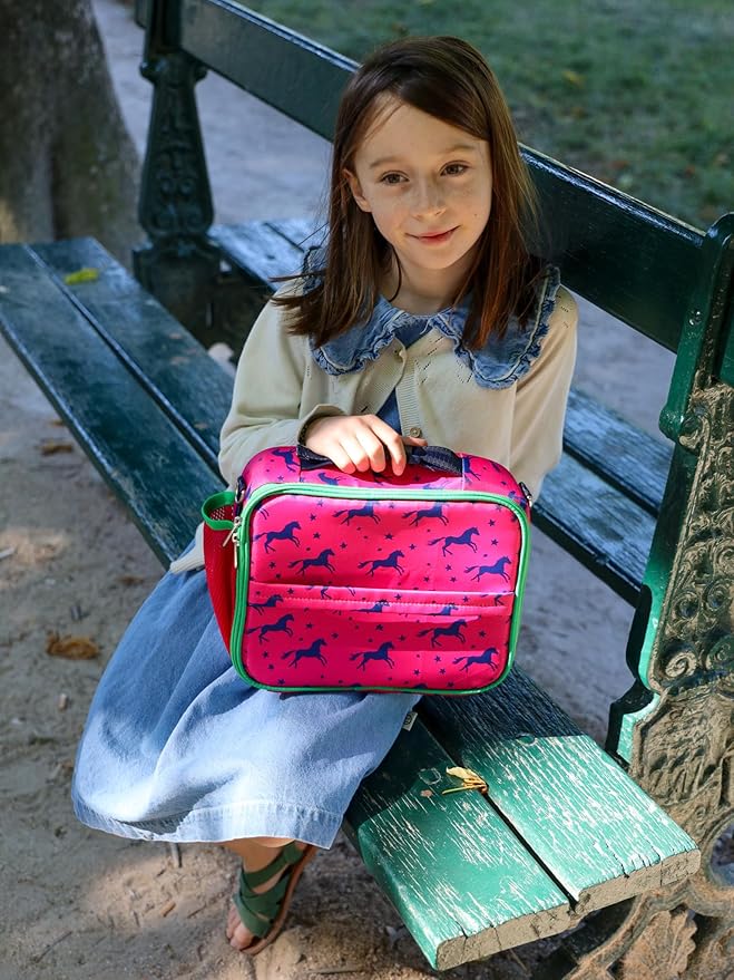 Yumbox Kids Lunch Bag, Holds Lunch Box and Water Bottle, 3 Ways to Carry, Zip Closure, Inside Zipper Netting, Wipe Clean Fabric with EVA lining for extra insulation (Horse Lunch Box)