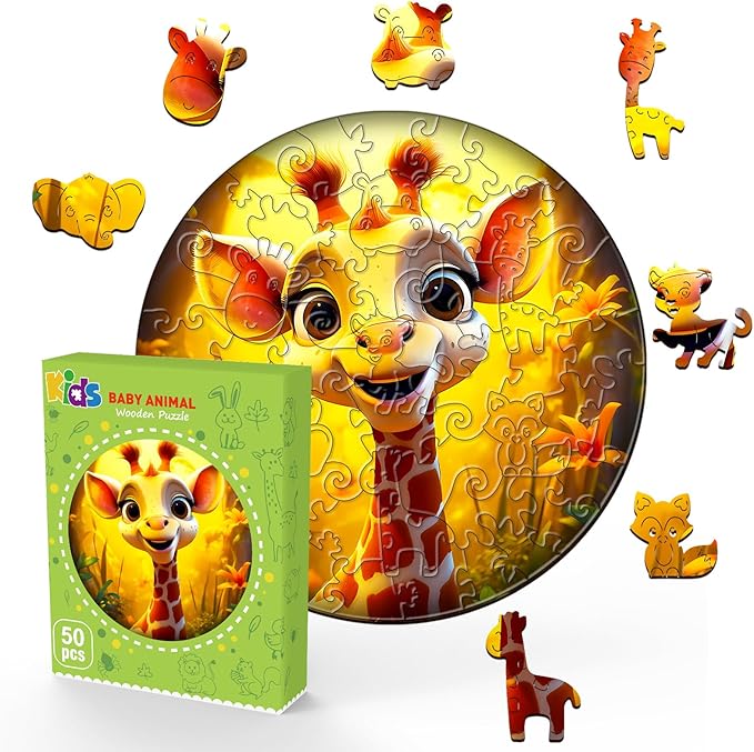 Wooden Puzzles for Kids Ages 4-6 - Giraffe Puzzle (11.4 x 11.4 in) - 50 Piece Puzzles for Kids - All Pieces Unique Shape - Gifts for Boys Girls Toddlers Ages 3-5 2-4 Year Old
