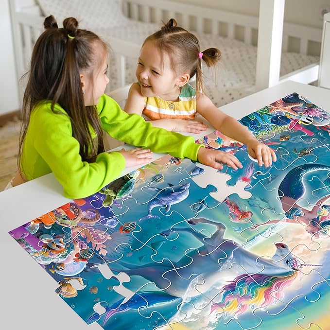 Jumbo Floor Puzzle for Kids Ages 4-8, 48-Piece Unicorn and Mermaid Underwater Jigsaw Puzzle, Large Educational Toys for Toddler Girls and Boys, Gift for 3-5 Year Olds