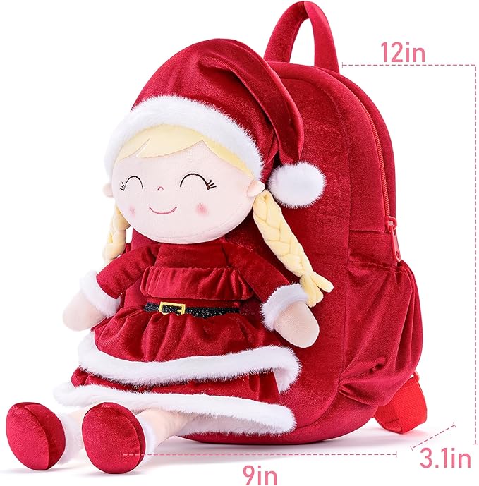 Gloveleya Plush Backpacks Toddler Backpack Removable Doll and Backpack Christmas Gifts Baby Girl Gift For 2 to 8 Years Girl Birthday Gifts With Red Doll 11”
