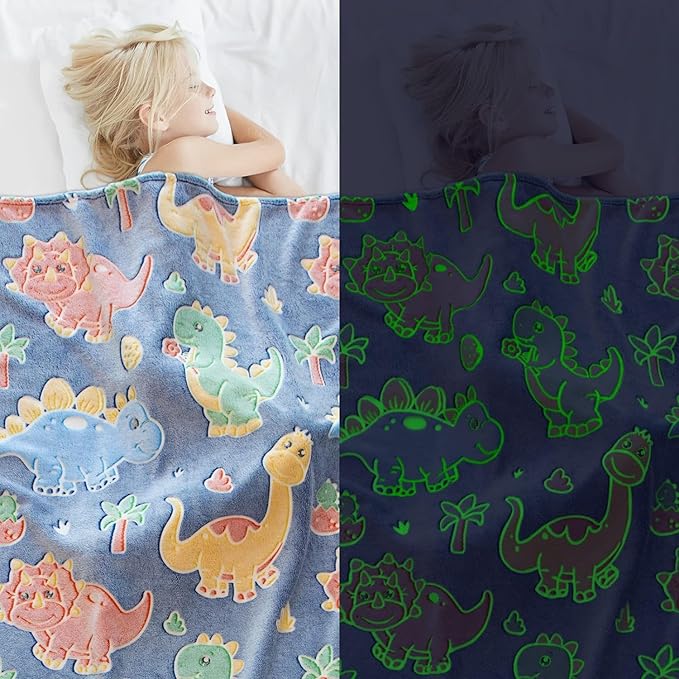 Cute Kids Blanket Glow in The Dark Dinosaur for Boys Flannel Glowing Bed Sofa Couch Soft Warm Blankets Christmas Birthday Gifts Teen 40"x50"