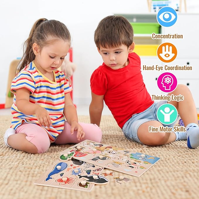 Wooden Peg Puzzles for Toddlers 1-3, 2 Pcs Montessori Educational Learning Puzzle Toy Sets - Animal & Sea Themes Puzzles, Great Preschool Gifts for Girls and Boys (6.29 * 11.61in)
